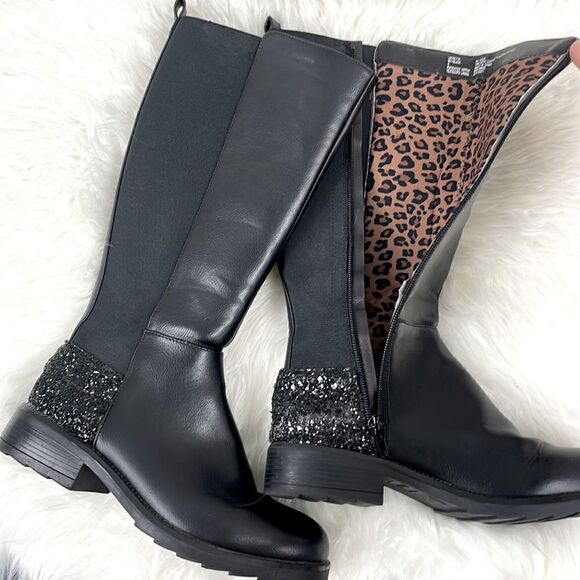 Steve Madden | girls tall glitter boots 4.0 jjosette black with cheetah … - Picture 2 of 8